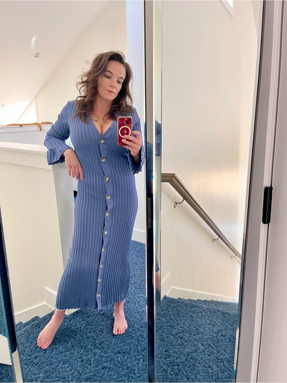 Ena Pelly Blue Ribbed Button-Front Midi Dress - Picture 3 of 3